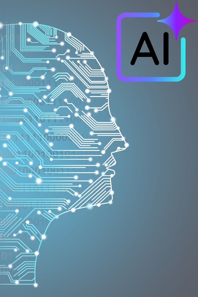 Drawing of a person's head with lines and dots to represent AI on a blue background, with AI typed in the top right-hand corner