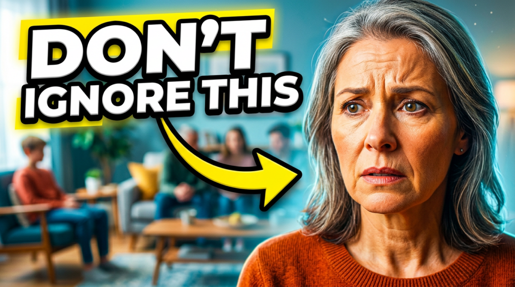 A woman with gray hair and a concerned expression wearing an orange-red sweater, positioned on the right side of the image. Behind her is a blurred background of a modern living room with people socializing. Bold white text with a black outline reading "DON'T IGNORE THIS" is overlaid on the left, with a bright yellow arrow pointing toward the woman's face.