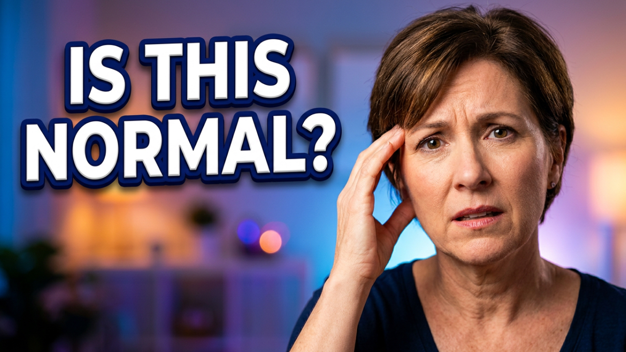 Midlife woman holding her temple with a concerned expression and text reading Is This Normal, representing an episode about types of dementia and menopause brain fog