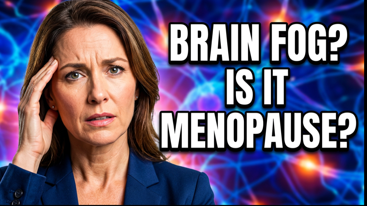 Concerned woman touching her temple with neuron background and text reading Brain Fog Is It Menopause, from a podcast episode on types of dementia and menopause brain fog